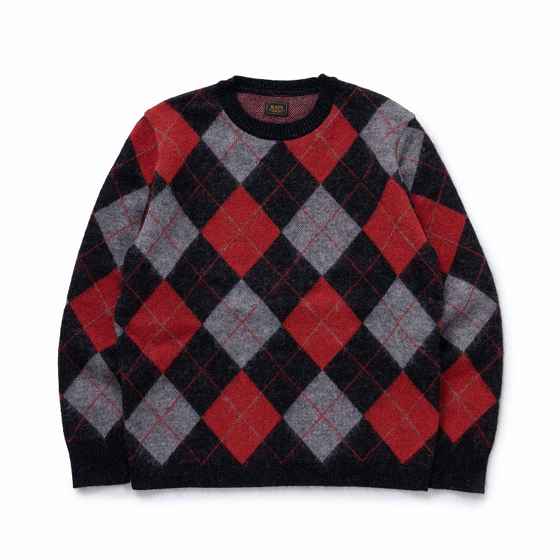 ARGYLE MOHAIR CREW NECK KNIT *ブラック*