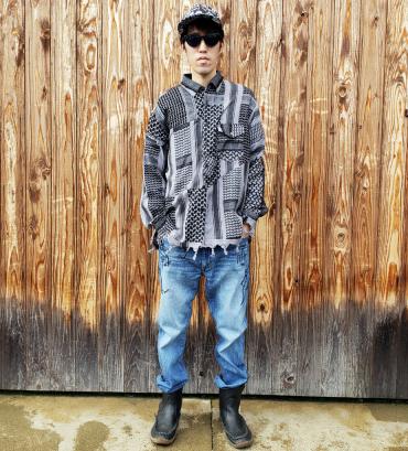 Remake shemagh-scarf shirt   *ブラック×グレー*