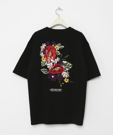 Flower Art Embroidery ルーズシルエットクルーネックTシャツ*ブラック*