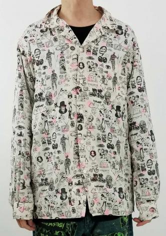 OPEN-NECKED L/S SHIRTS *アイボリー×オフブラック/蛍光ピンク*
